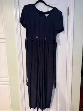 Navy Short-Sleeve Midi Dress with Button Detail - Unknown Brand